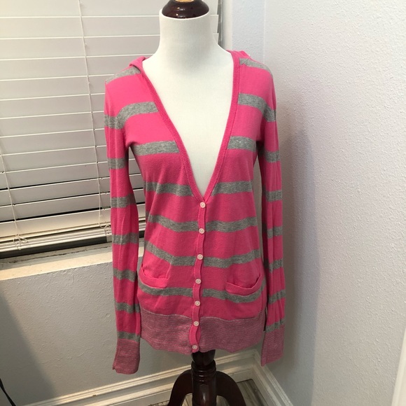 VS Pink Striped Hooded Button Down Cardigan - Picture 5 of 10